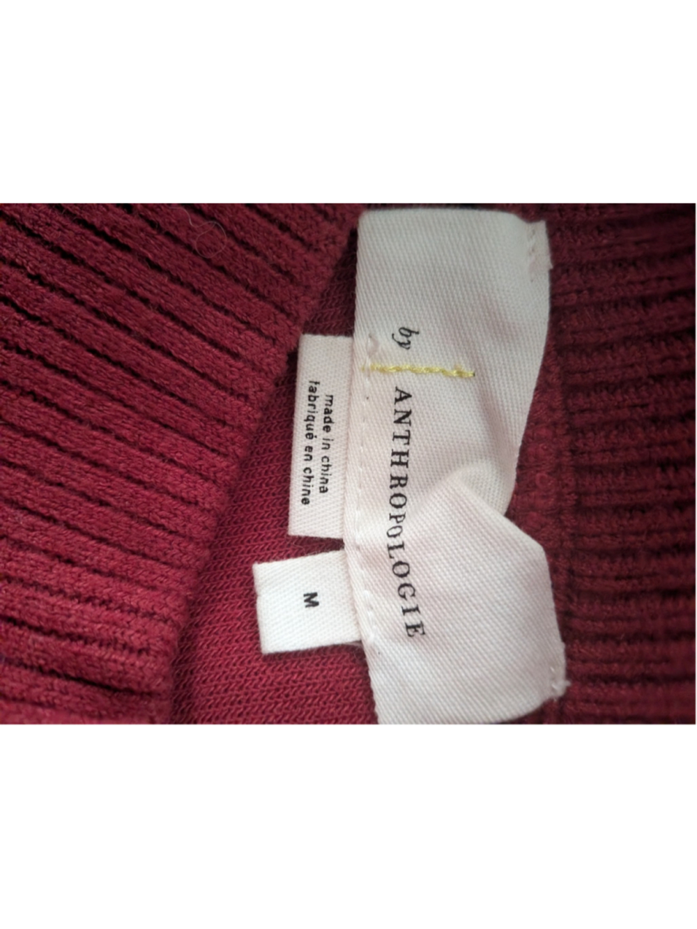 Anthropologie Burgundy White Mock Neck Puff Sleeve Peplum Sweater Blouse M - Picture 4 of 6